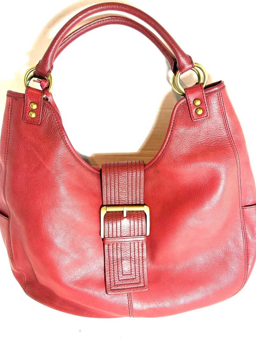 A.N.A. Red 100% Cowhide Leather Hobo Handbag Short Shoulder Stapes Gold-Tone HW